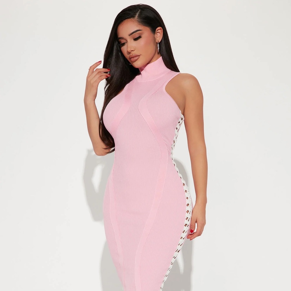 ~Providential Prudence:Pink Mock Neck Midi Dress w/White Criss Cross Accents~